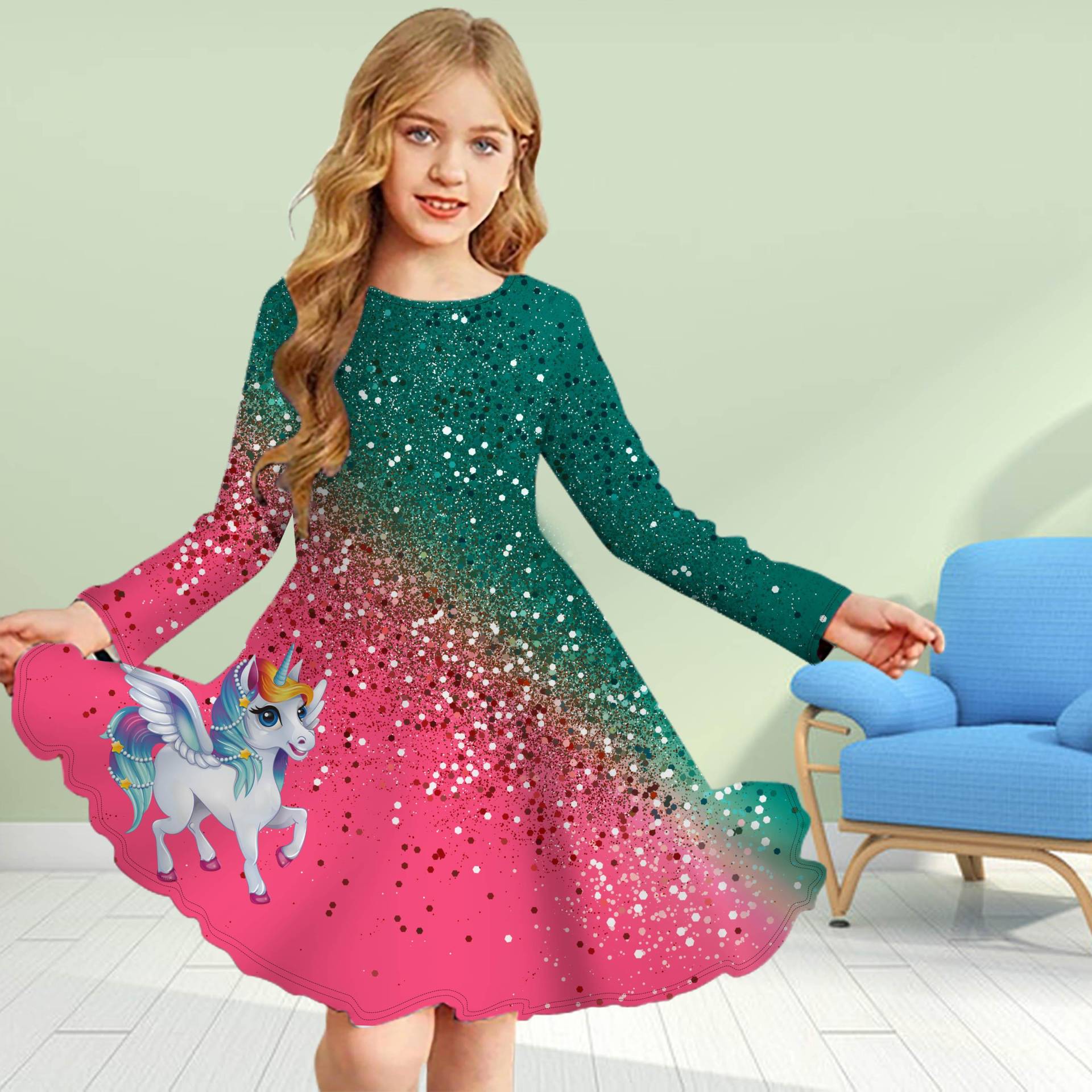 Mädchen Casual 3D Druck glänzende Einhorn Rundhals Langarm Kleid Kind Prinzessin Kleid 120 rosa von Joom DACH