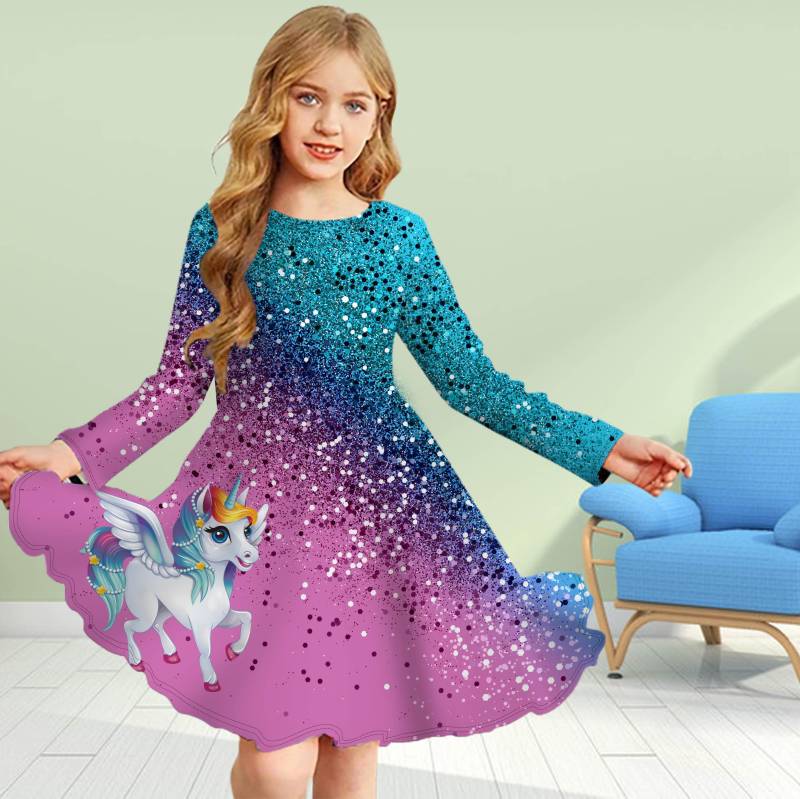 Mädchen Casual 3D Druck glänzende Einhorn Rundhals Langarm Kleid Kind Prinzessin Kleid 130 blau von Joom DACH