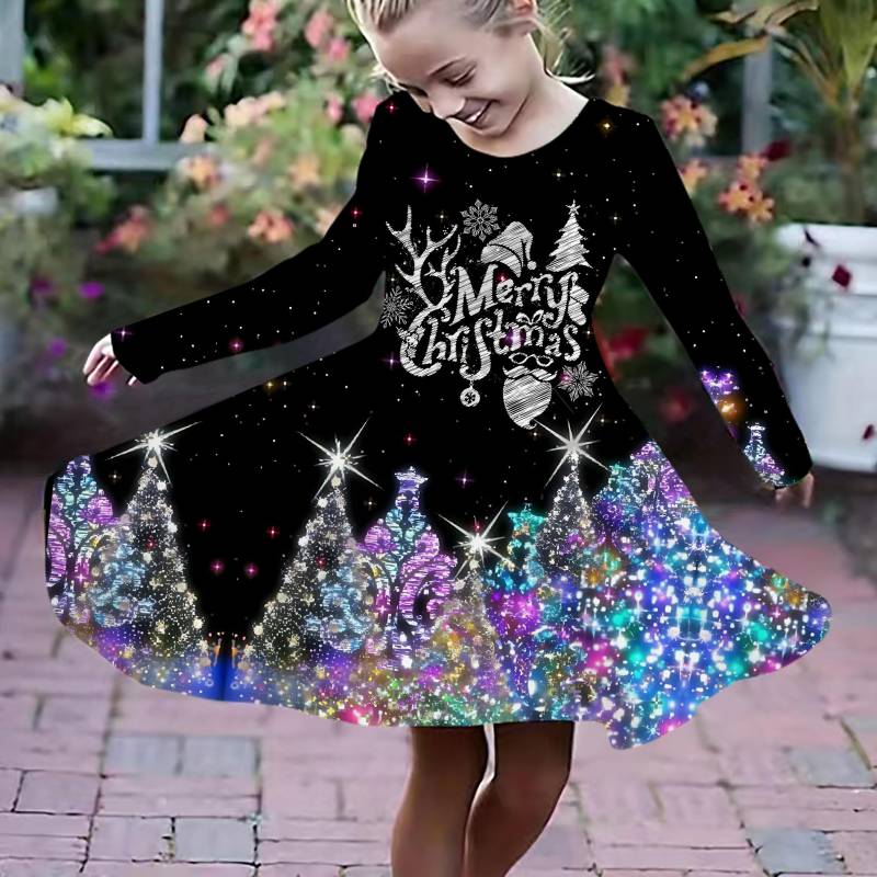 Mädchen Casual 3D Weihnachten Schneemann Druck Rundhals Langarm Kleid Kind Prinzessin Kleid 110 blau von Joom DACH