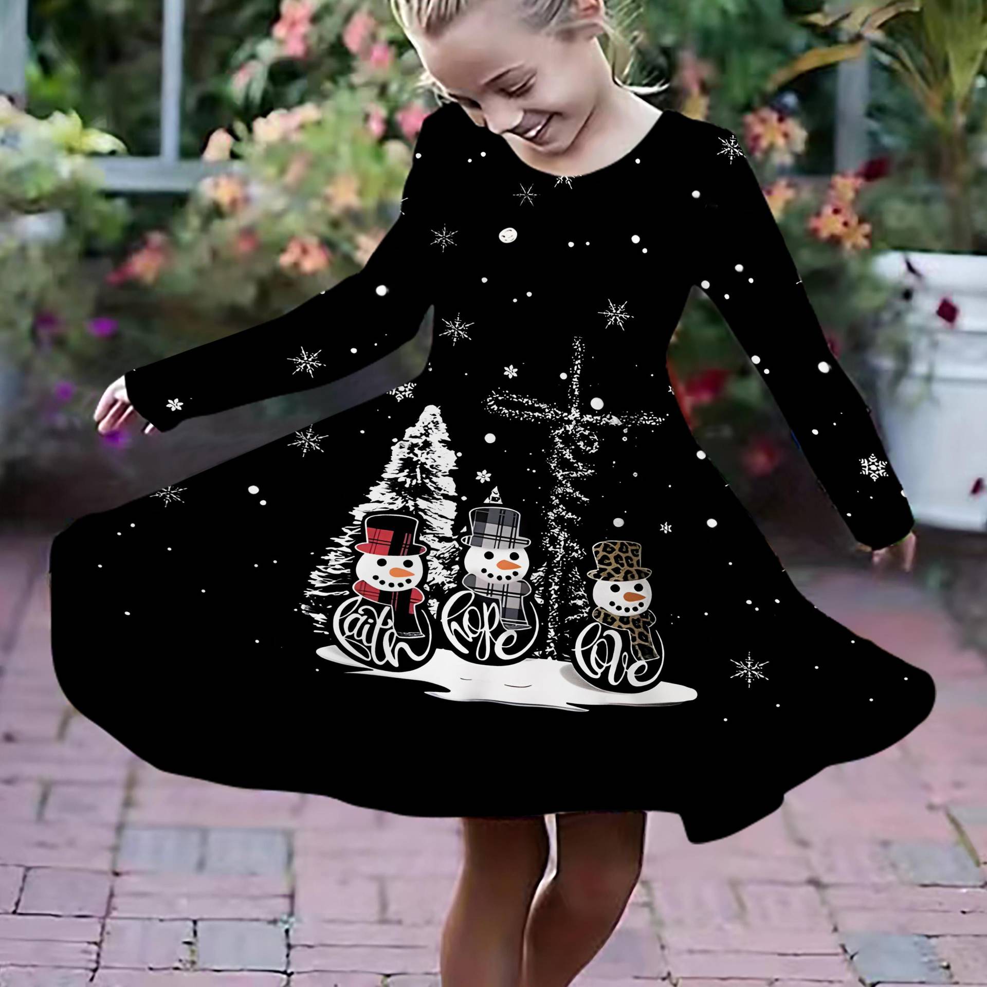 Mädchen Casual 3D Weihnachten Schneemann Druck Rundhals Langarm Kleid Kind Prinzessin Kleid 120 schwarz von Joom DACH