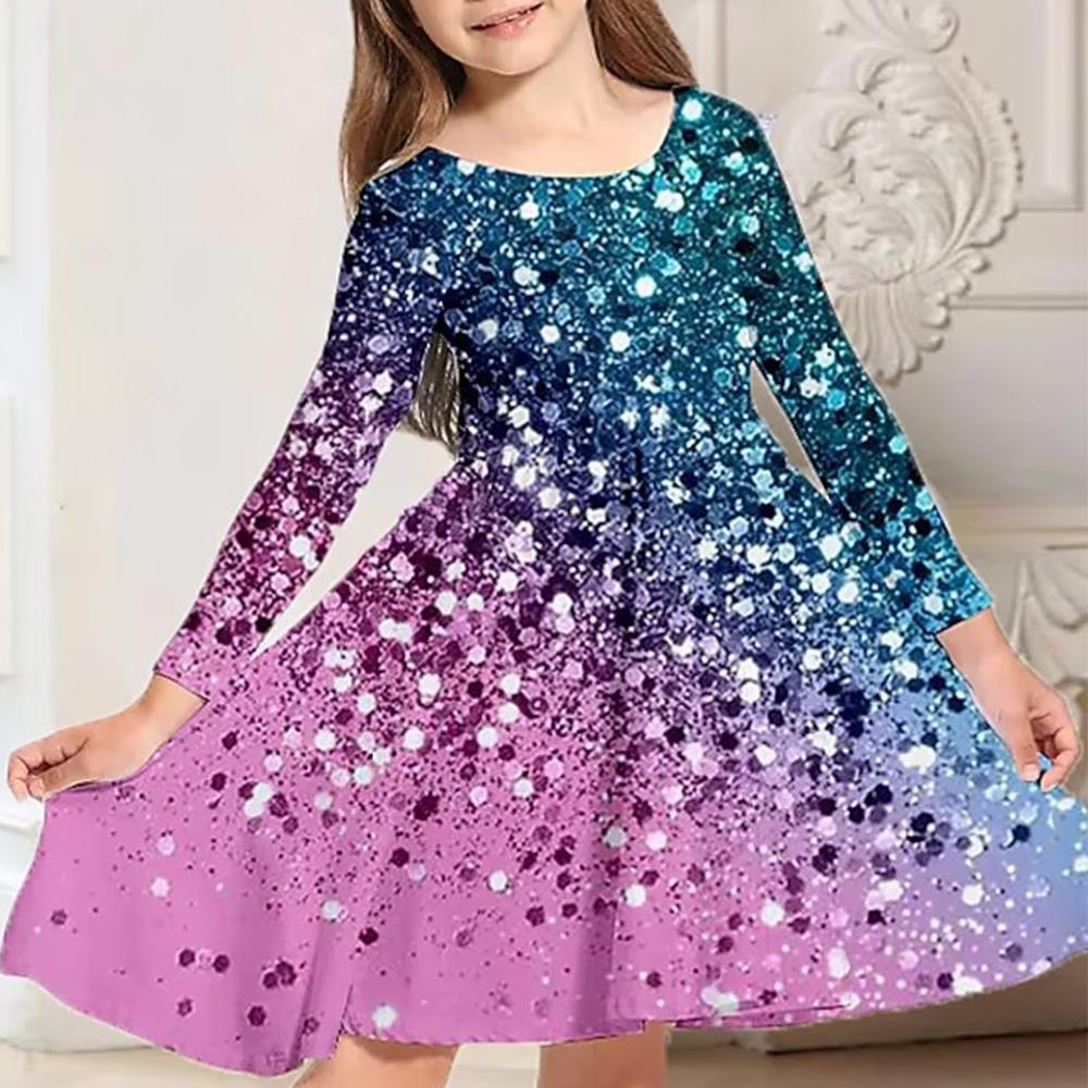 Mädchen Casual 3D leuchtende Sterne Druck Rundhals Langarm Kleid Kind Prinzessin Kleid ohne Pailletten 120 blau von Joom DACH