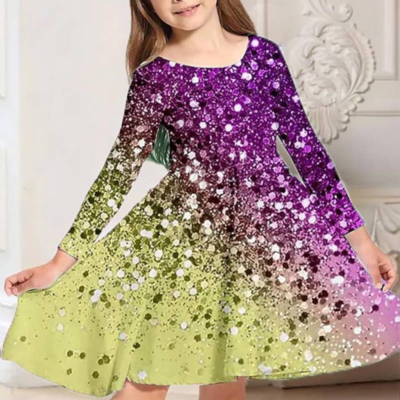 Mädchen Casual 3D leuchtende Sterne Druck Rundhals Langarm Kleid Kind Prinzessin Kleid ohne Pailletten 150 violett von Joom DACH
