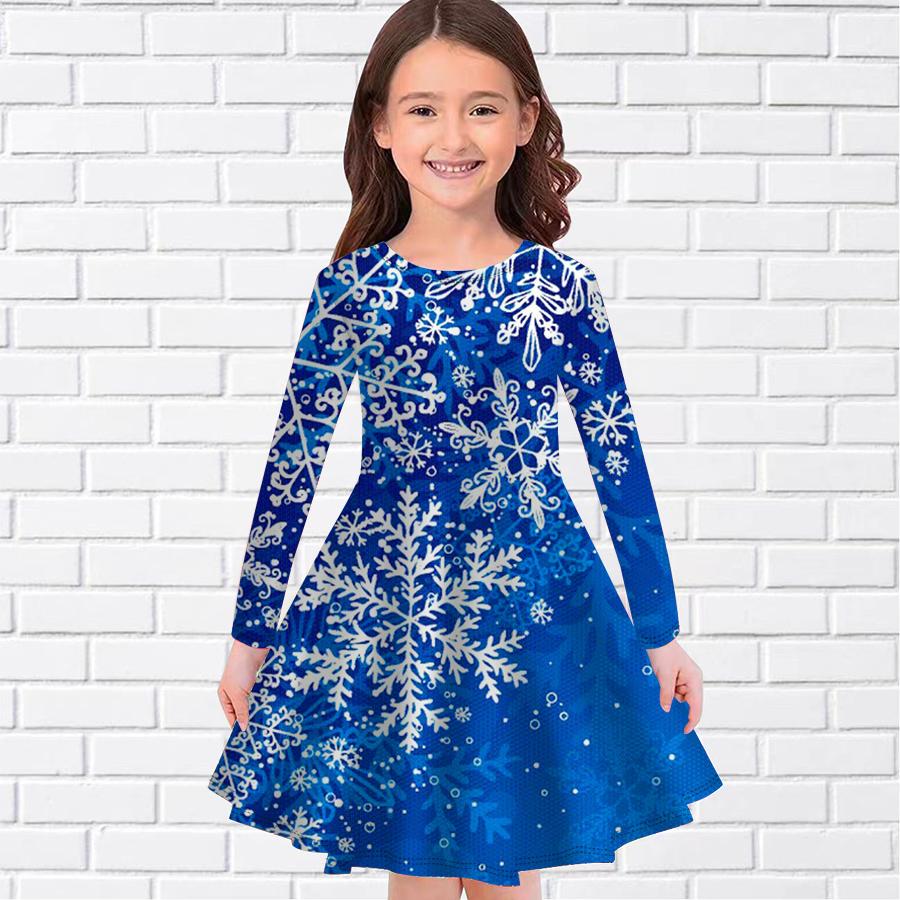Mädchen Casual Hexagonal Schneeflocke Druck Rundhals Langarm Kleid Kind Prinzessin Kleid 120 blau von Joom DACH