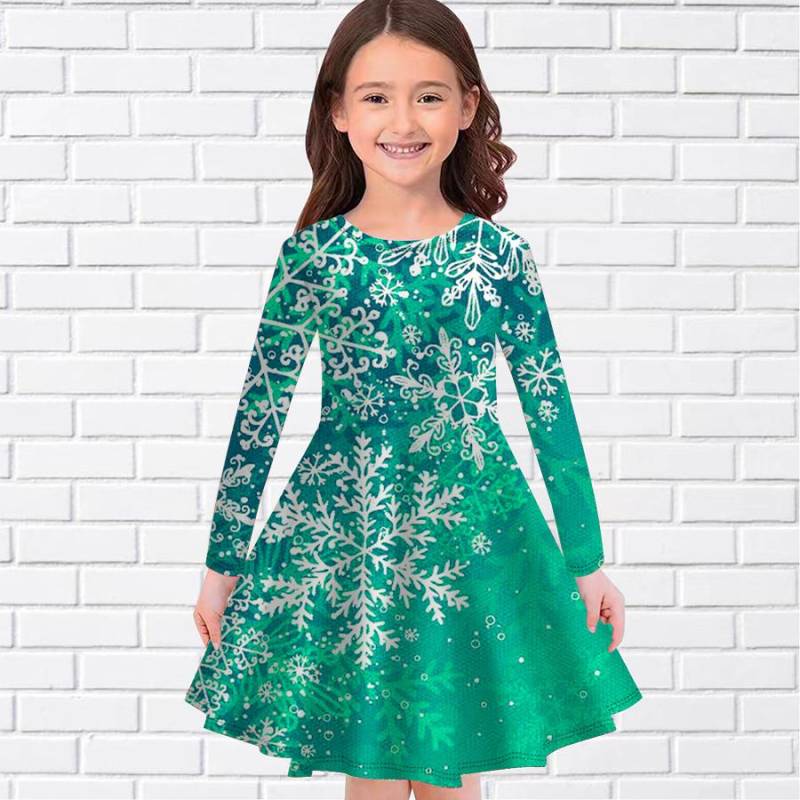 Mädchen Casual Hexagonal Schneeflocke Druck Rundhals Langarm Kleid Kind Prinzessin Kleid 140 grün von Joom DACH