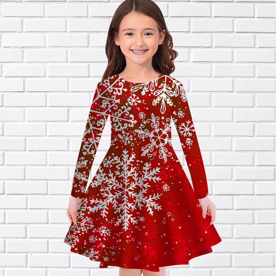 Mädchen Casual Hexagonal Schneeflocke Druck Rundhals Langarm Kleid Kind Prinzessin Kleid 140 rot von Joom DACH