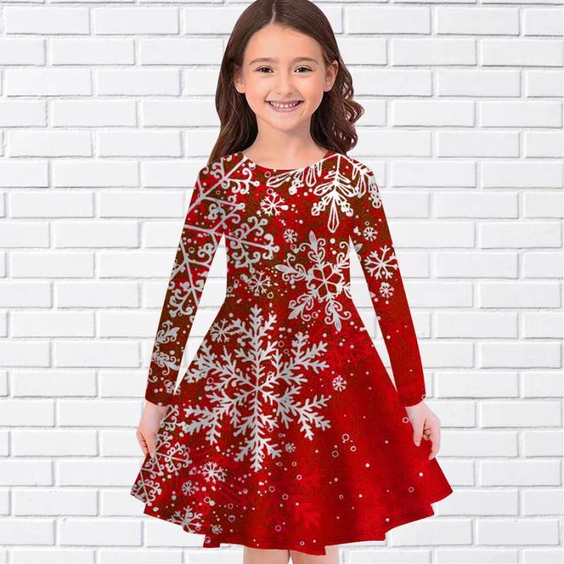 Mädchen Casual Hexagonal Schneeflocke Druck Rundhals Langarm Kleid Kind Prinzessin Kleid 140 rot von Joom DACH