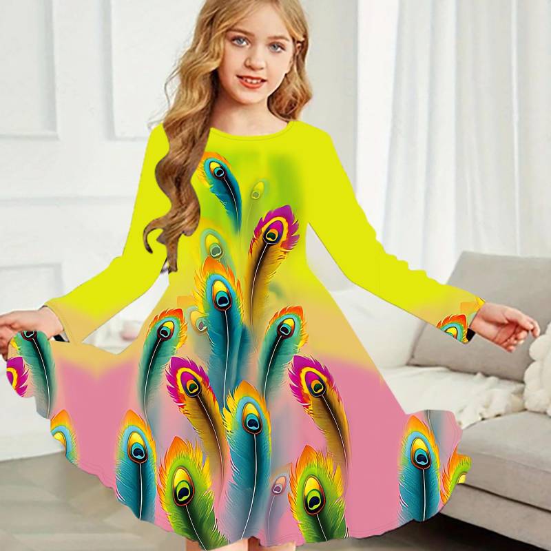 Mädchen Casual Pfau Federn Druck Rundhals Langarm Kleid Kind Prinzessin Kleid 120 gelb von Joom DACH