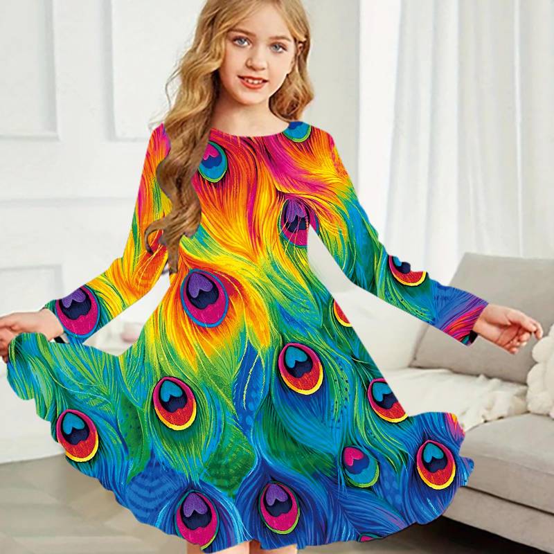 Mädchen Casual Pfau Federn Druck Rundhals Langarm Kleid Kind Prinzessin Kleid 130 von Joom DACH