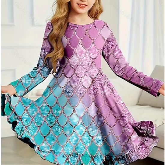 Mädchen Casual Schmetterling Blume Fischschuppen Druck Rundhals Langarm Kleid Kind Prinzessin Kleid 140 violett von Joom DACH