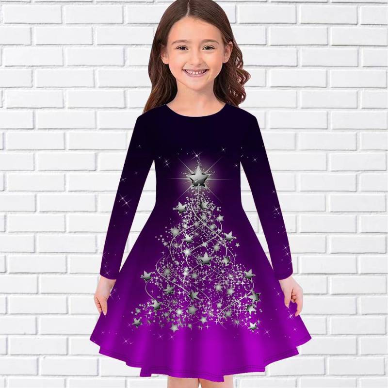 Mädchen Casual Star Weihnachtsbaum Druck Rundhals Langarm Kleid Kind Prinzessin Kleid 140 von Joom DACH