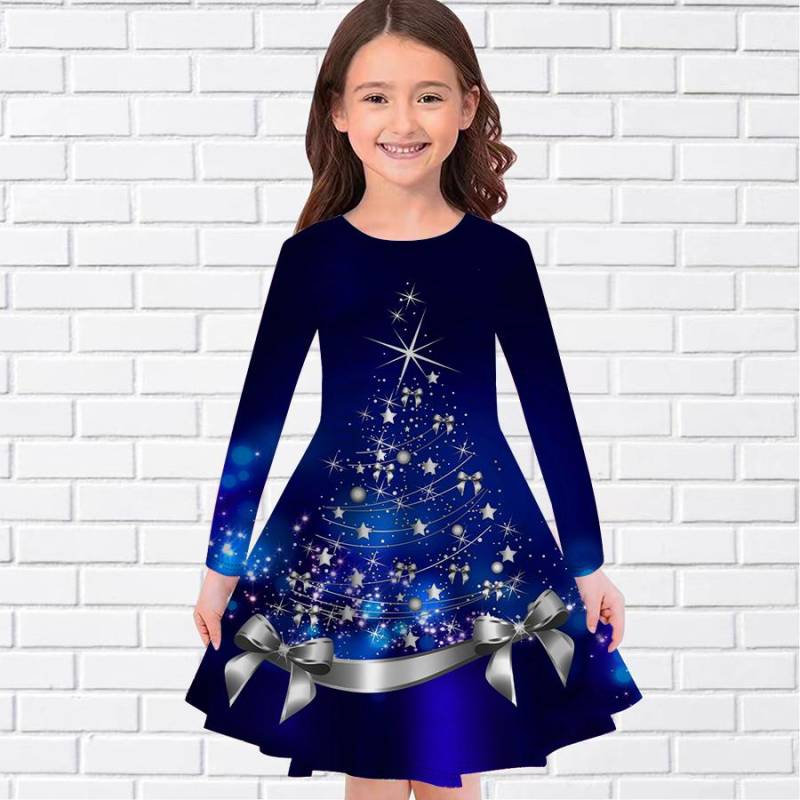 Mädchen Casual Star Weihnachtsbaum Druck Rundhals Langarm Kleid Kind Prinzessin Kleid 160 navy blau von Joom DACH