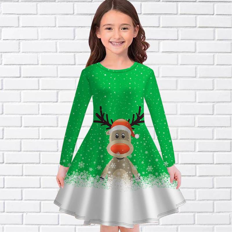 Mädchen Casual Weihnachten Rentier Druck Rundhals Langarm Kleid Kind Prinzessin Kleid 160 grün von Joom DACH