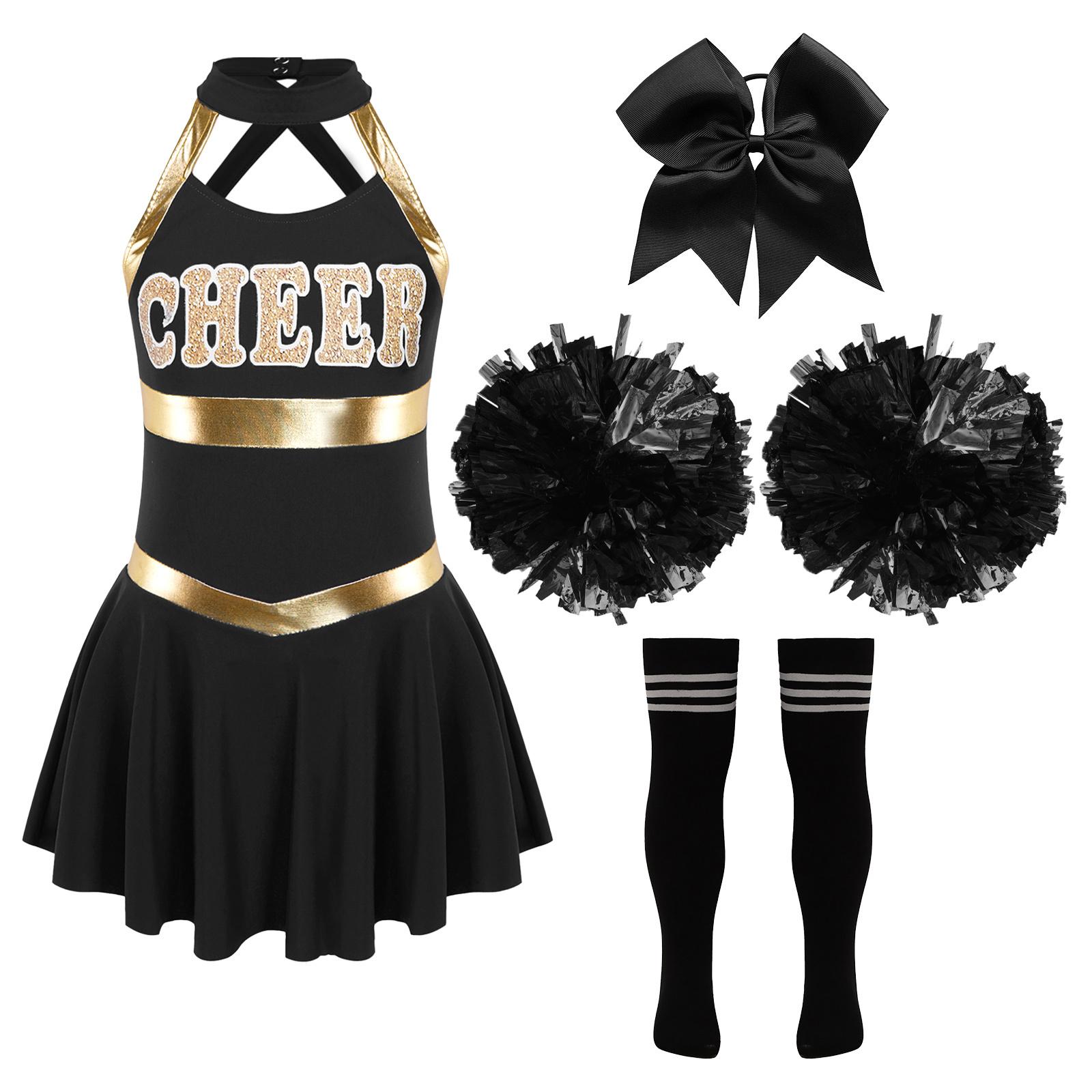 Mädchen Cheerleading Uniform Tanzkostüm Kinder ärmelloses Tanzkleid Blumen und Kopfbedeckung Socken 9-10 Years von Joom DACH