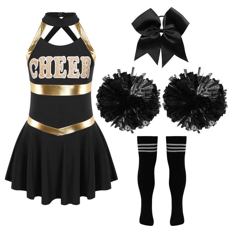 Mädchen Cheerleading Uniform Tanzkostüm Kinder ärmelloses Tanzkleid Blumen und Kopfbedeckung Socken 9-10 Years von Joom DACH