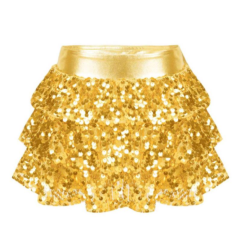 Mädchen-Culotte mit glitzernden Pailletten, gestufter Rüschenrock, Shorts mit metallischem Bund für Tanzwettbewerbe 15-16 Years gold von Joom DACH