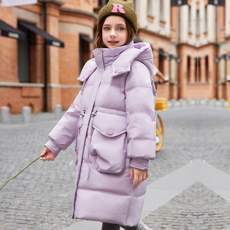 Mädchen Daunenjacke Mittellang Warm Stilvoll Winter Dicker weißer Entendaunenmantel 160cm violett von Joom DACH