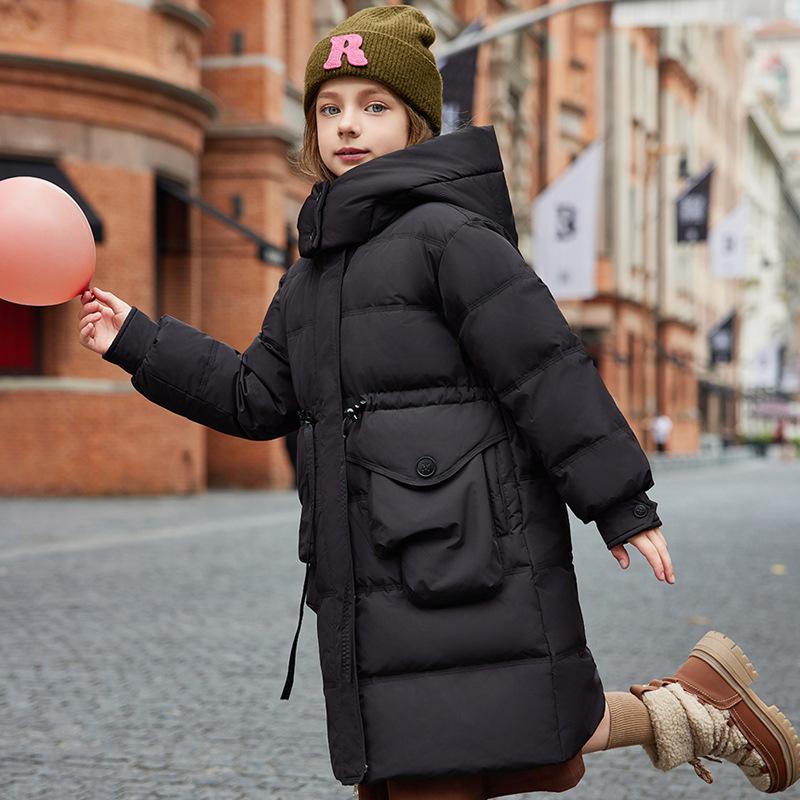 Mädchen Daunenjacke Mittellang Warm Stilvoll Winter Dicker weißer Entendaunenmantel 160cm schwarz von Joom DACH