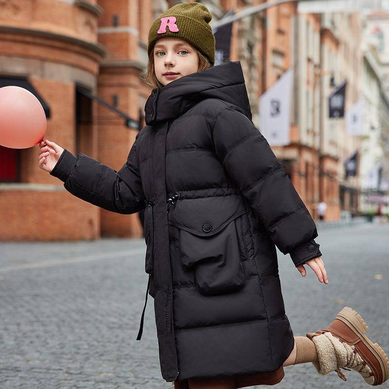 Mädchen Daunenjacke Mittellang Warm Stilvoll Winter Dicker weißer Entendaunenmantel 160cm schwarz von Joom DACH