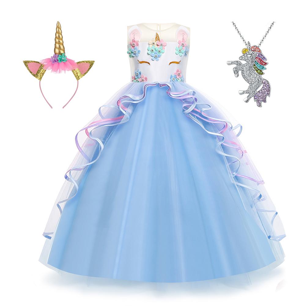 Mädchen Einhorn Kostüm Festzug Prinzessin Partykleid Hochzeit Geburtstag Halloween Karneval Langes Maxikleid Stirnband 150 blau von Joom DACH