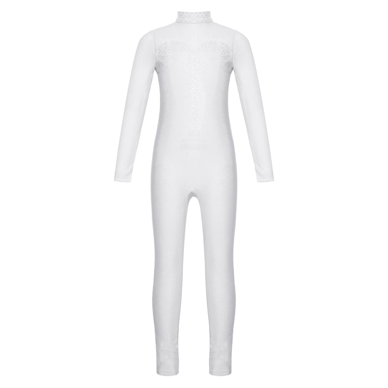 Mädchen Eiskunstlauf Ganzanzug Glänzender Strass Jumpsuit Durchsichtiges Netz Langarm 11-12 Years weiß von Joom DACH