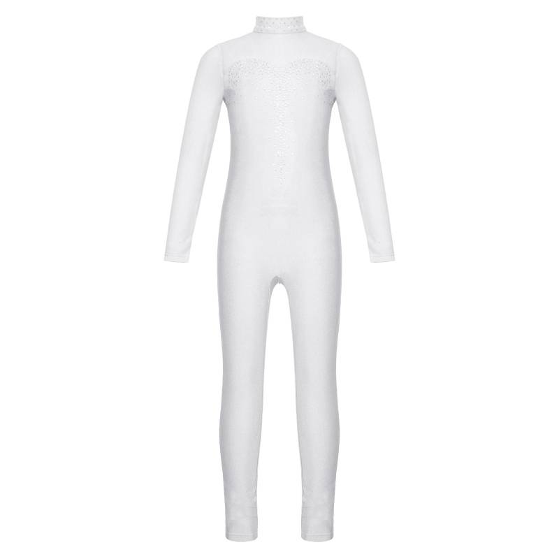 Mädchen Eiskunstlauf Ganzanzug Glänzender Strass Jumpsuit Durchsichtiges Netz Langarm 11-12 Years weiß von Joom DACH