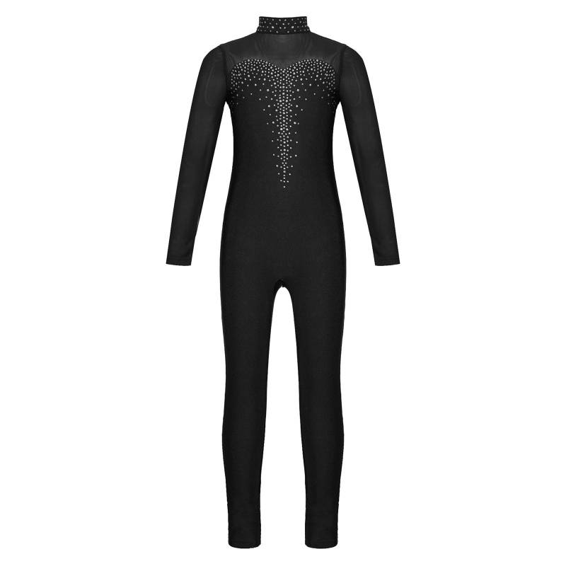 Mädchen Eiskunstlauf Ganzanzug Glänzender Strass Jumpsuit Durchsichtiges Netz Langarm 15-16 Years schwarz von Joom DACH