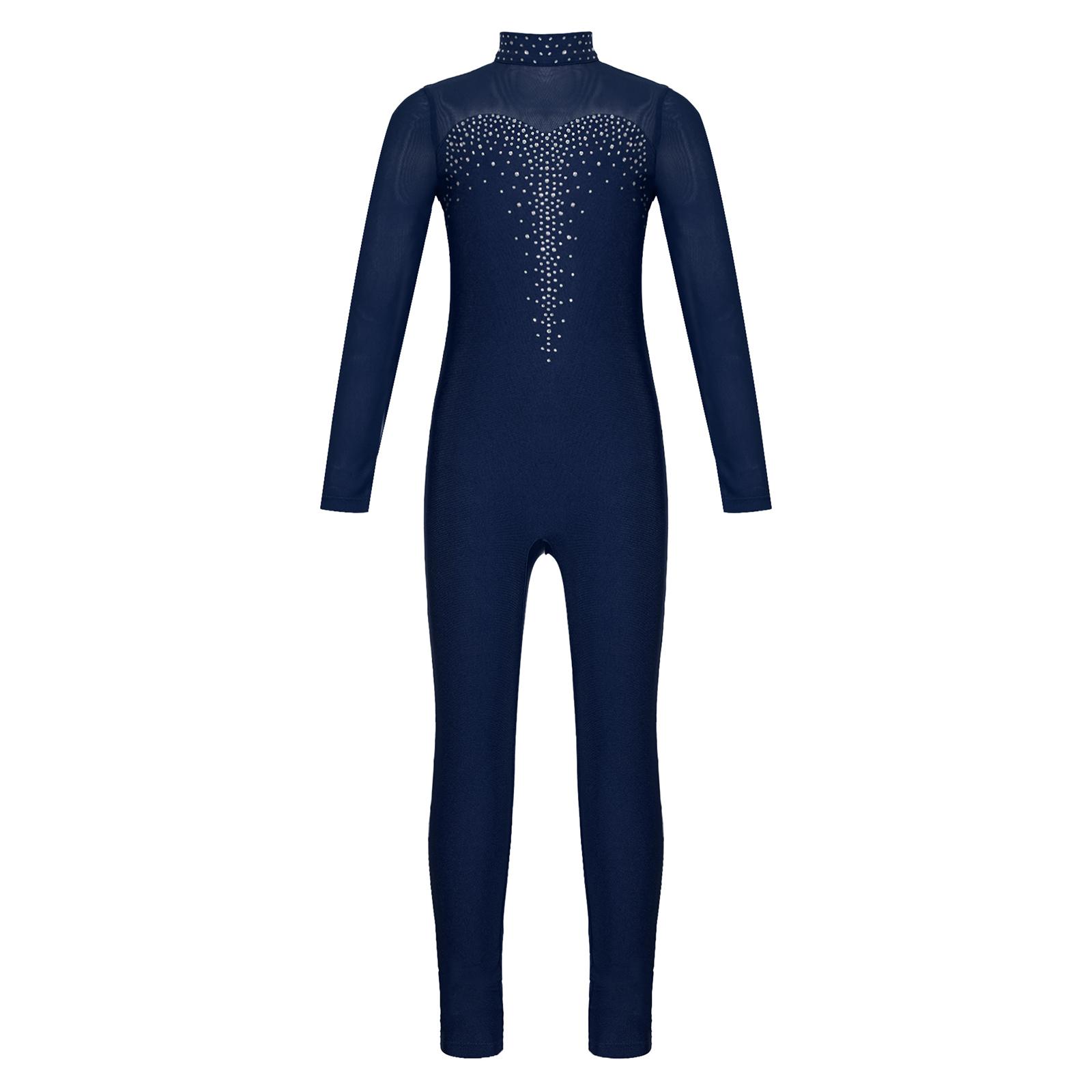 Mädchen Eiskunstlauf Ganzanzug Glänzender Strass Jumpsuit Durchsichtiges Netz Langarm 9-10 Years navy blau von Joom DACH
