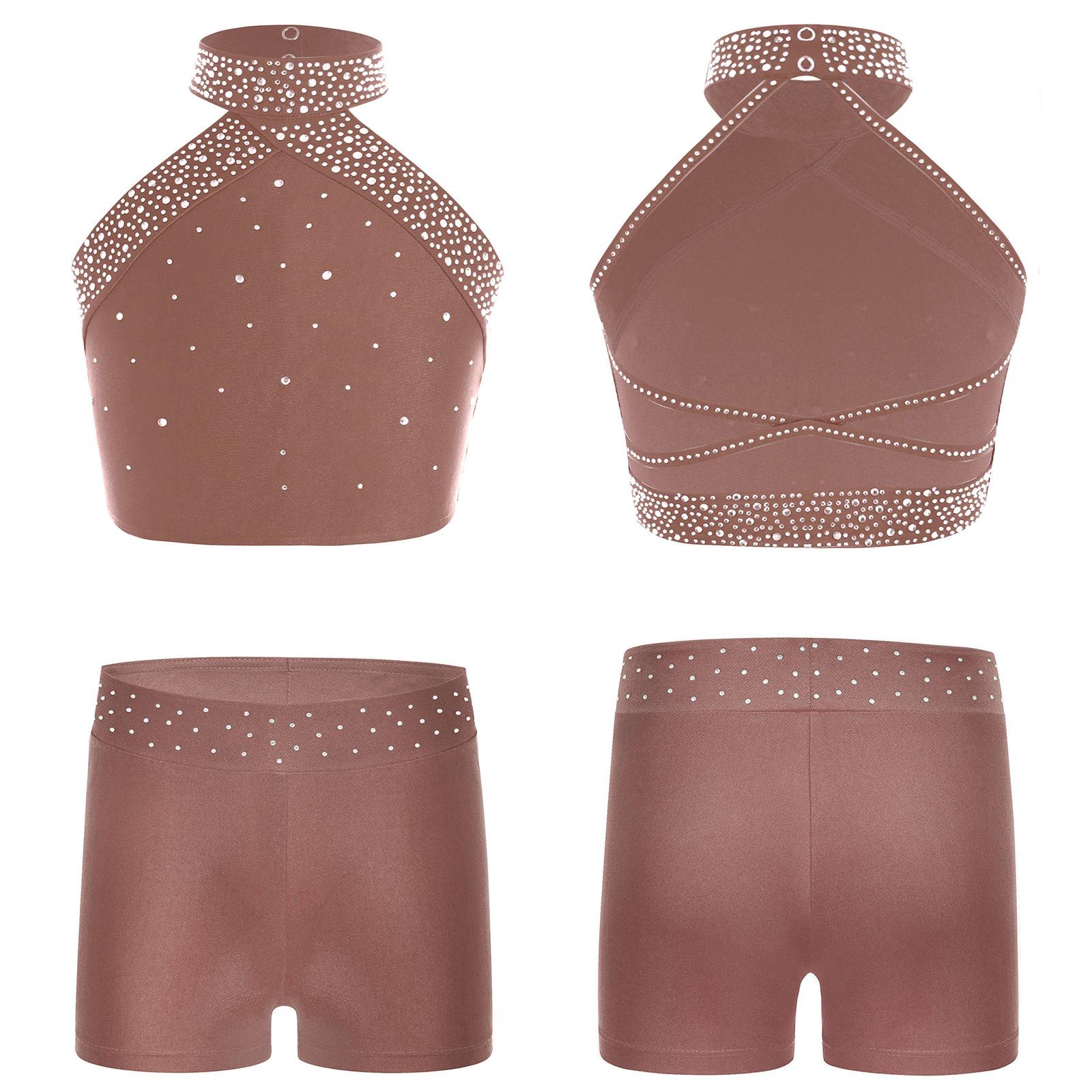 Mädchen Eiskunstlauf-Tanz-Outfits 2-teilig Gymnastik-Ballett-Tanz-Set Neckholder-Bauchweste mit Booty-Shorts Sportkleidung 11-12 Years braun von Joom DACH