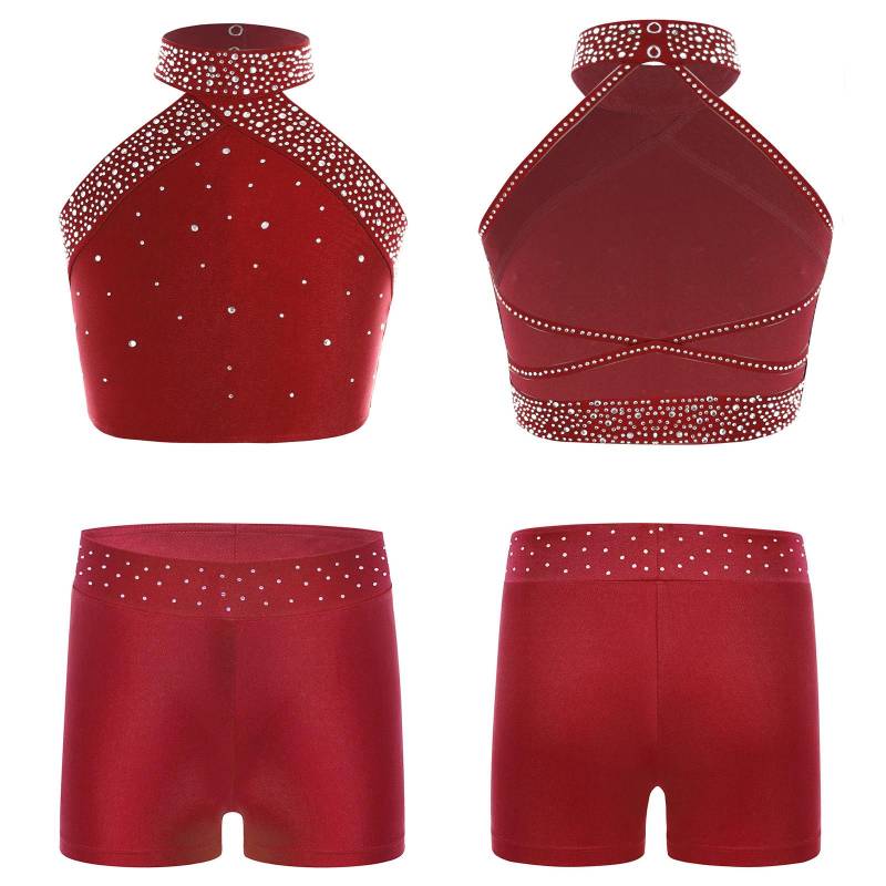 Mädchen Eiskunstlauf-Tanz-Outfits 2-teilig Gymnastik-Ballett-Tanz-Set Neckholder-Bauchweste mit Booty-Shorts Sportkleidung 13-14 Years bordeaux von Joom DACH