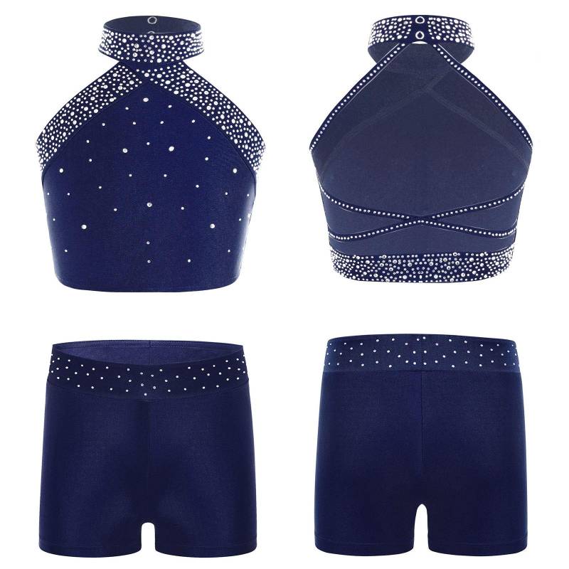 Mädchen Eiskunstlauf-Tanz-Outfits 2-teilig Gymnastik-Ballett-Tanz-Set Neckholder-Bauchweste mit Booty-Shorts Sportkleidung 7-8 Years navy blau von Joom DACH