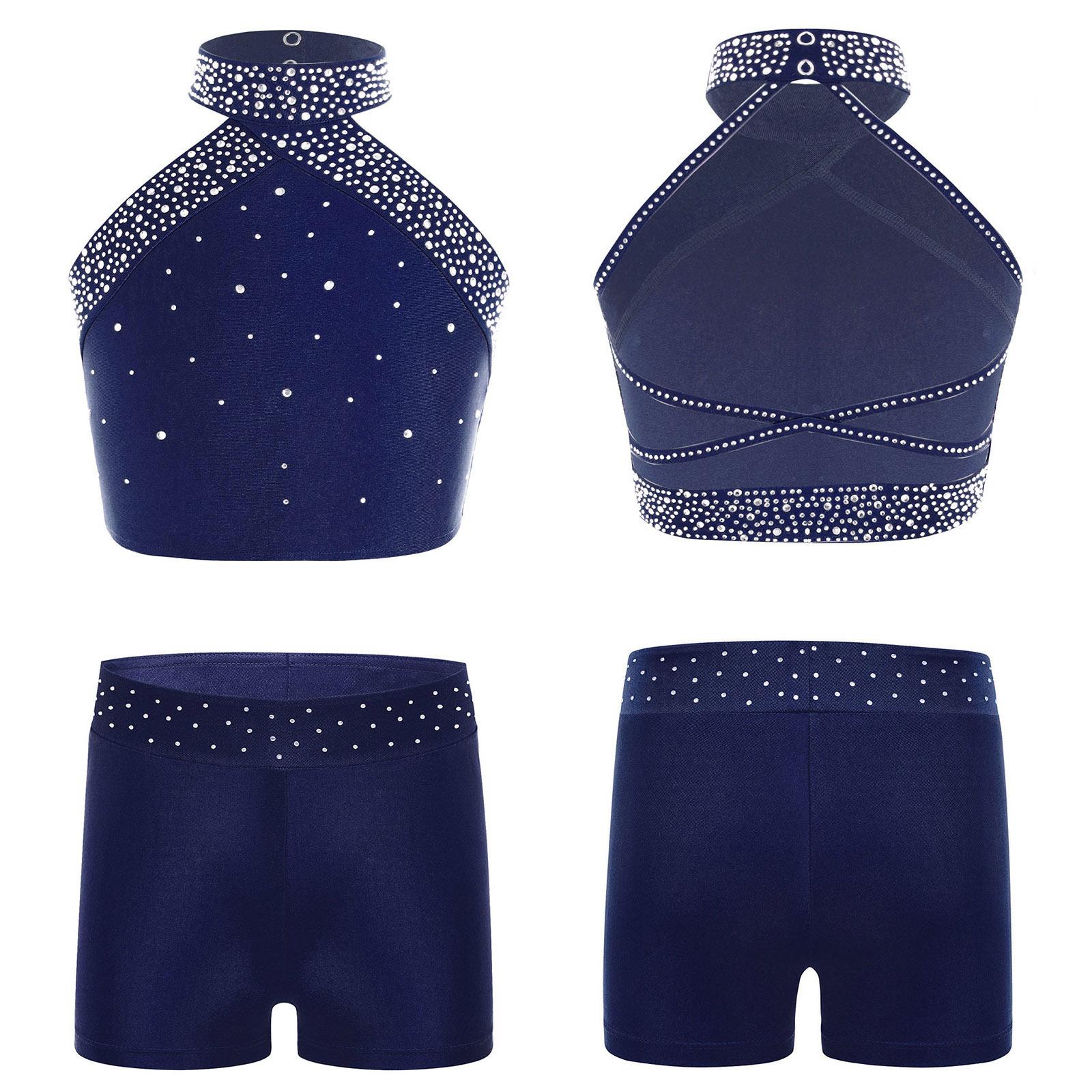 Mädchen Eiskunstlauf-Tanz-Outfits 2-teilig Gymnastik-Ballett-Tanz-Set Neckholder-Bauchweste mit Booty-Shorts Sportkleidung 9-10 Years navy blau von Joom DACH