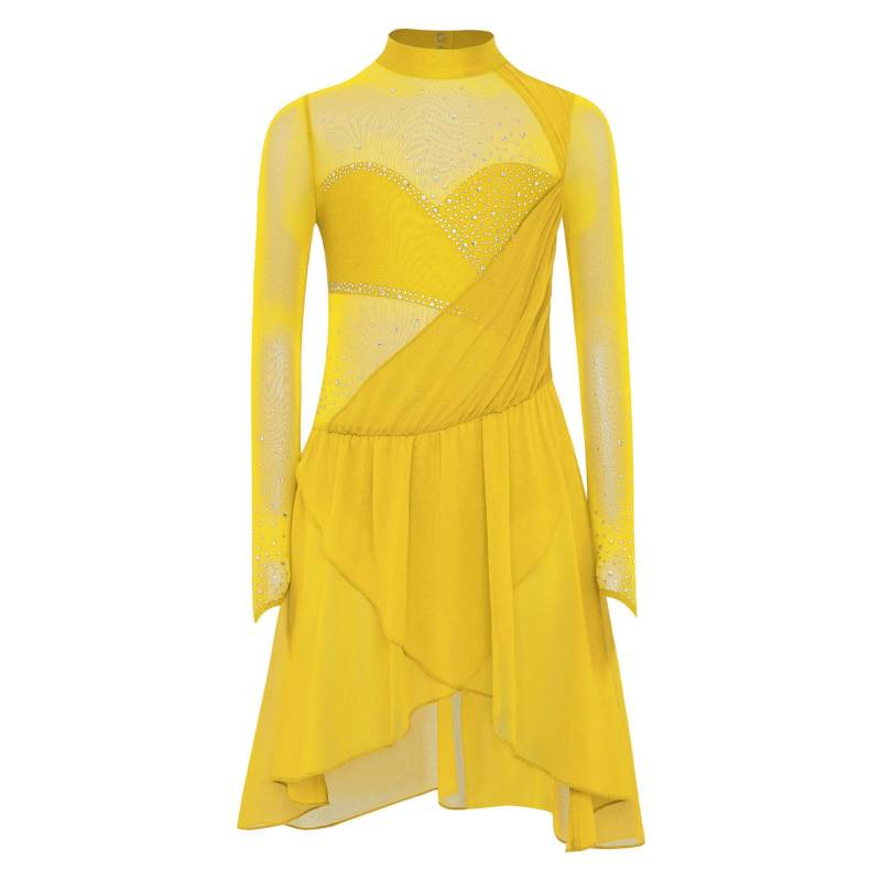 Mädchen Eiskunstlauf Tanzkleid Lange Ärmel Stehkragen Schlüsselloch Rücken Glänzende Strasssteine Eingebauter Slip Kleid 11-12 Years gelb von Joom DACH