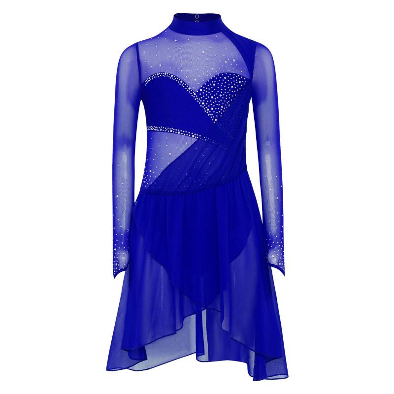 Mädchen Eiskunstlauf Tanzkleid Lange Ärmel Stehkragen Schlüsselloch Rücken Glänzende Strasssteine Eingebauter Slip Kleid 15-16 Years blau von Joom DACH