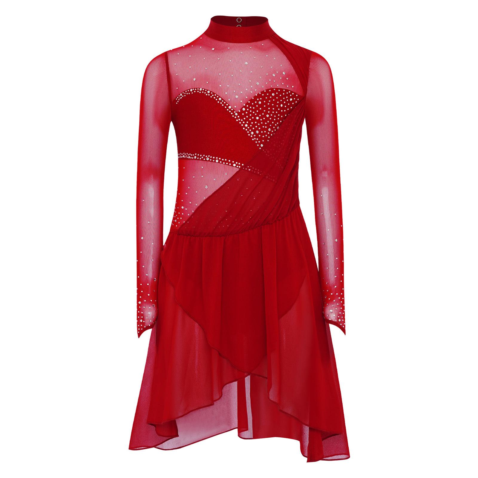 Mädchen Eiskunstlauf Tanzkleid Lange Ärmel Stehkragen Schlüsselloch Rücken Glänzende Strasssteine Eingebauter Slip Kleid 15-16 Years bordeaux von Joom DACH