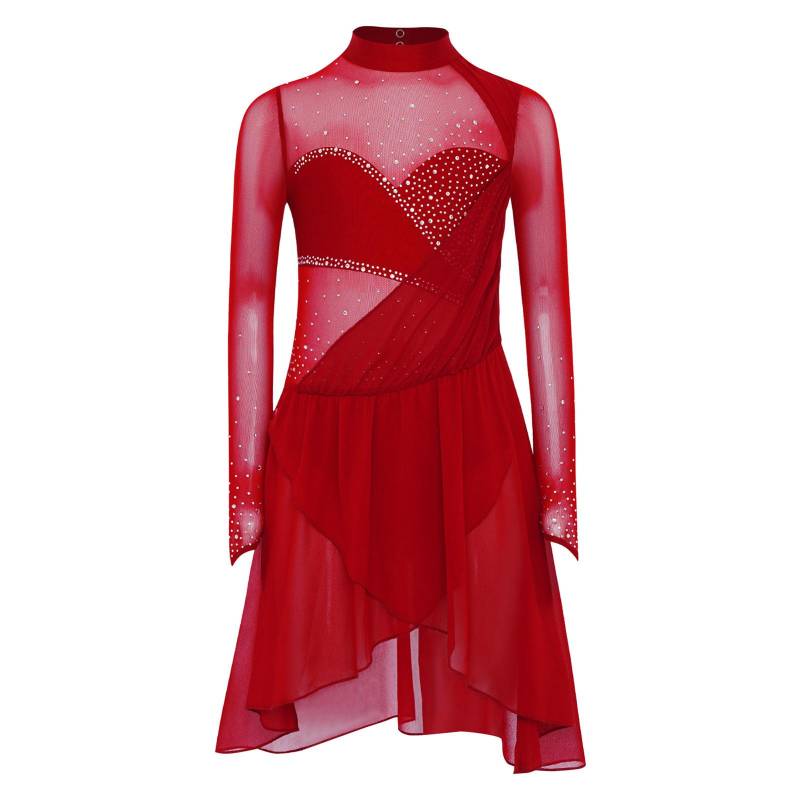 Mädchen Eiskunstlauf Tanzkleid Lange Ärmel Stehkragen Schlüsselloch Rücken Glänzende Strasssteine Eingebauter Slip Kleid 15-16 Years bordeaux von Joom DACH