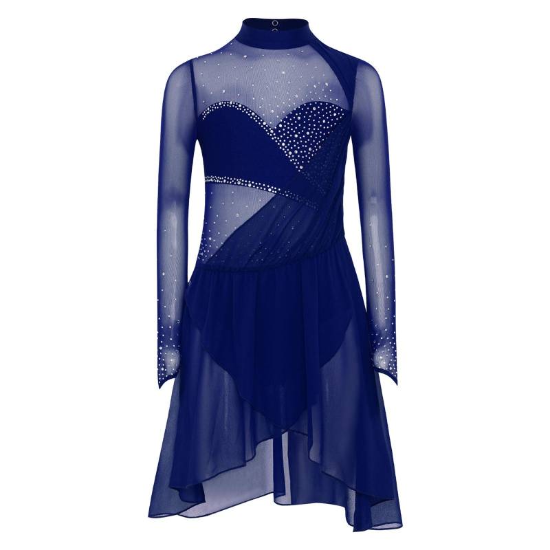 Mädchen Eiskunstlauf Tanzkleid Lange Ärmel Stehkragen Schlüsselloch Rücken Glänzende Strasssteine Eingebauter Slip Kleid 5-6 Years navy blau von Joom DACH