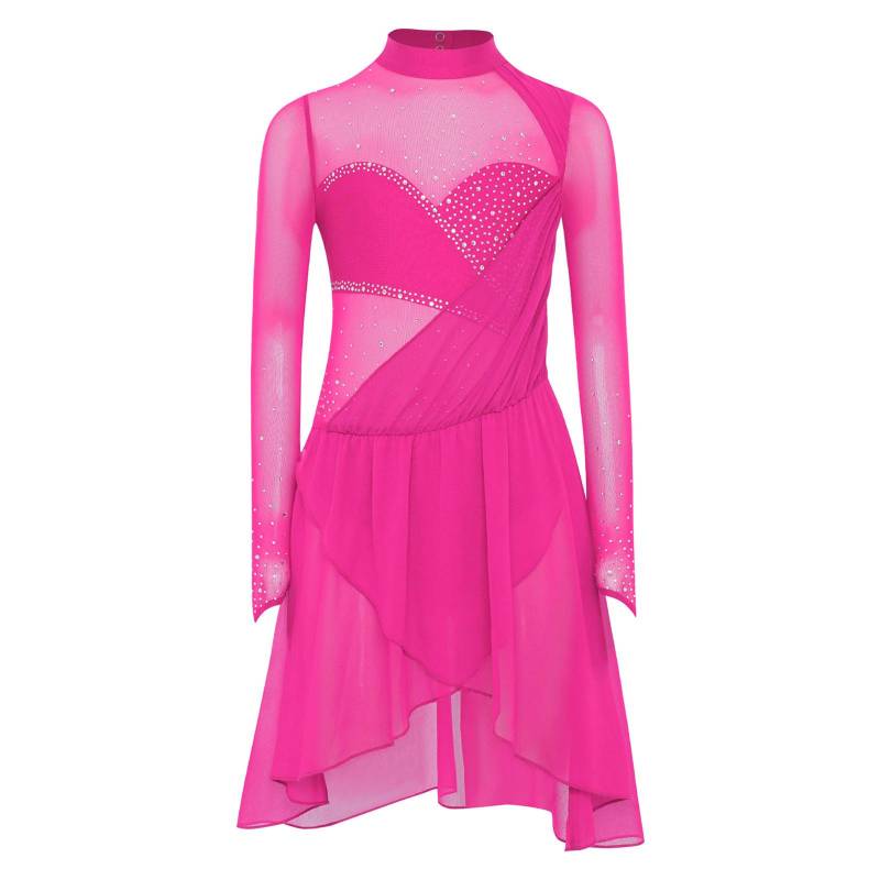 Mädchen Eiskunstlauf Tanzkleid Lange Ärmel Stehkragen Schlüsselloch Rücken Glänzende Strasssteine Eingebauter Slip Kleid 7-8 Years heißes rosa von Joom DACH