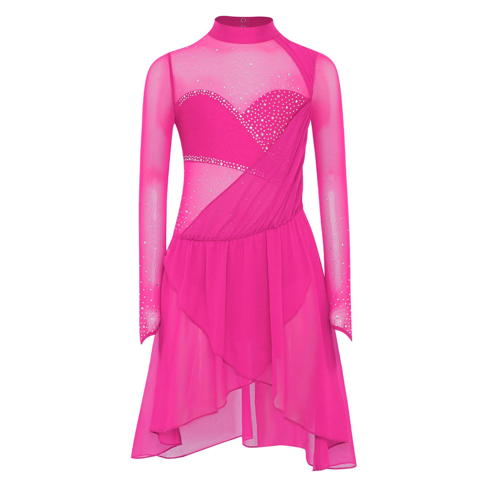 Mädchen Eiskunstlauf Tanzkleid Lange Ärmel Stehkragen Schlüsselloch Rücken Glänzende Strasssteine Eingebauter Slip Kleid 9-10 Years heißes rosa von Joom DACH