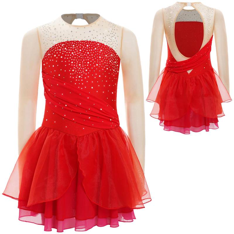 Mädchen Eiskunstlaufkleid Ballett Tanz Trikot Langarm Geraffte Mesh-Overlay Tutu Rock Lyrische Tanzbekleidung 11-12 Years rot von Joom DACH