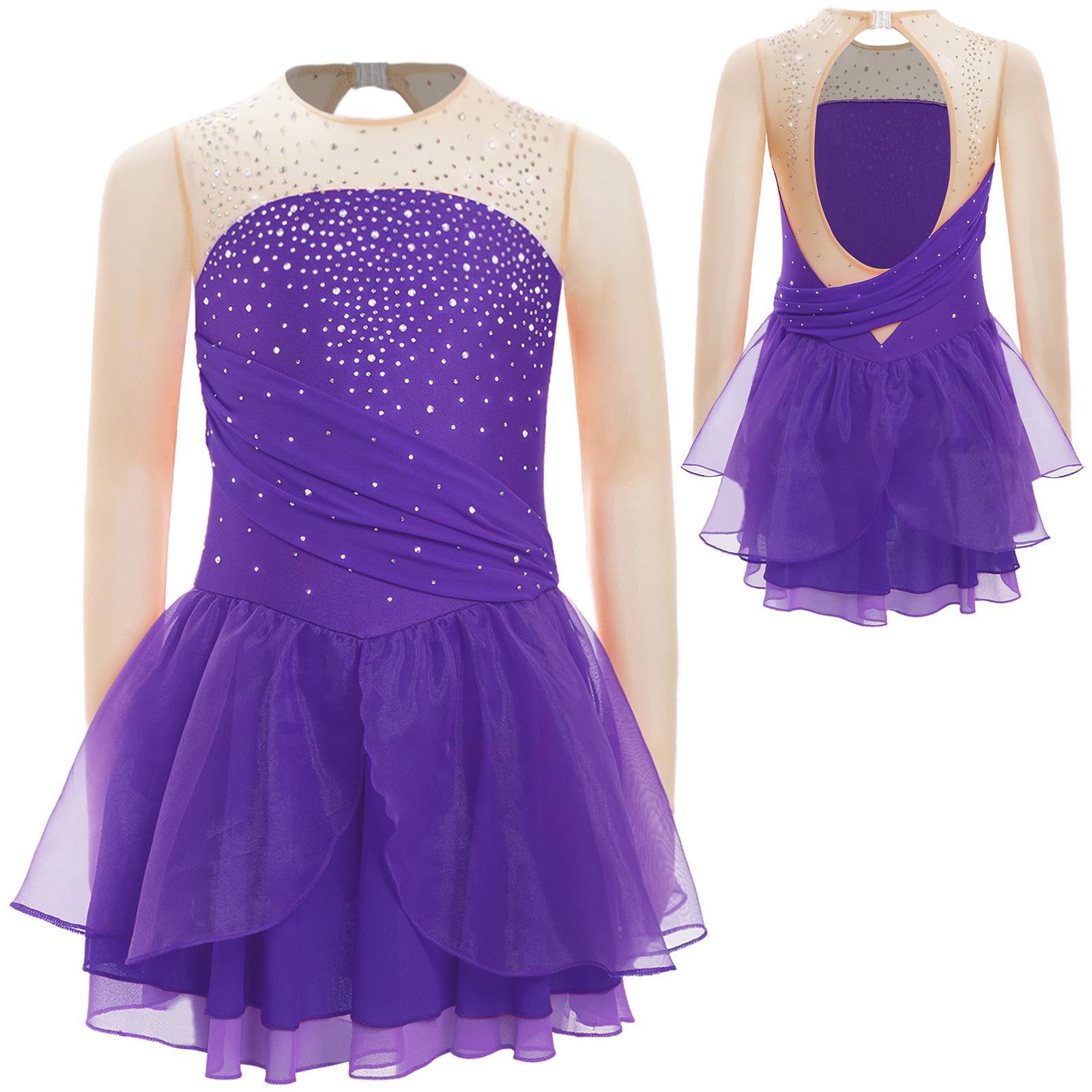 Mädchen Eiskunstlaufkleid Ballett Tanz Trikot Langarm Geraffte Mesh-Overlay Tutu Rock Lyrische Tanzbekleidung 11-12 Years violett von Joom DACH