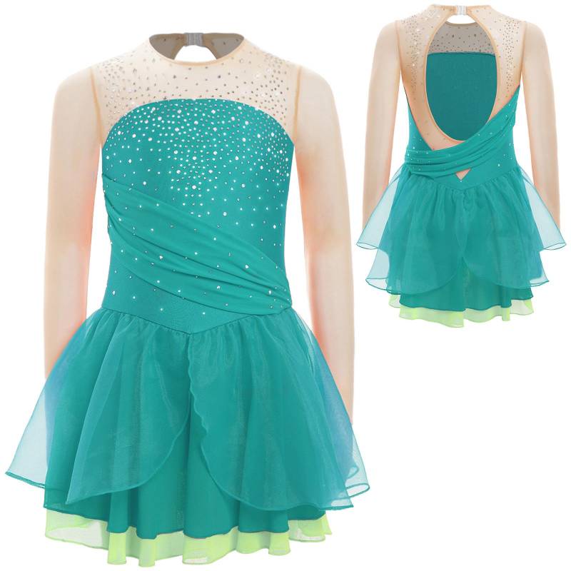 Mädchen Eiskunstlaufkleid Ballett Tanz Trikot Langarm Geraffte Mesh-Overlay Tutu Rock Lyrische Tanzbekleidung 5-6 Years grün von Joom DACH