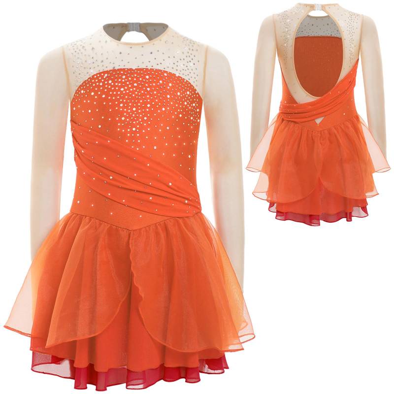 Mädchen Eiskunstlaufkleid Ballett Tanz Trikot Langarm Geraffte Mesh-Overlay Tutu Rock Lyrische Tanzbekleidung 9-10 Years orange von Joom DACH