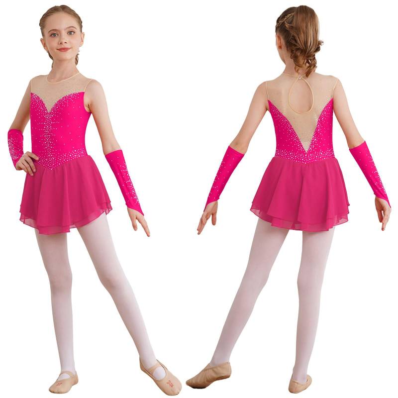 Mädchen Eiskunstlaufkleid Ballett Tanz Wettbewerb Gymnastik Strass Trikot Kleider mit Handschuhen 11-12 Years heißes rosa von Joom DACH