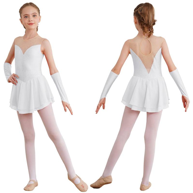 Mädchen Eiskunstlaufkleid Ballett Tanz Wettbewerb Gymnastik Strass Trikot Kleider mit Handschuhen 11-12 Years weiß von Joom DACH