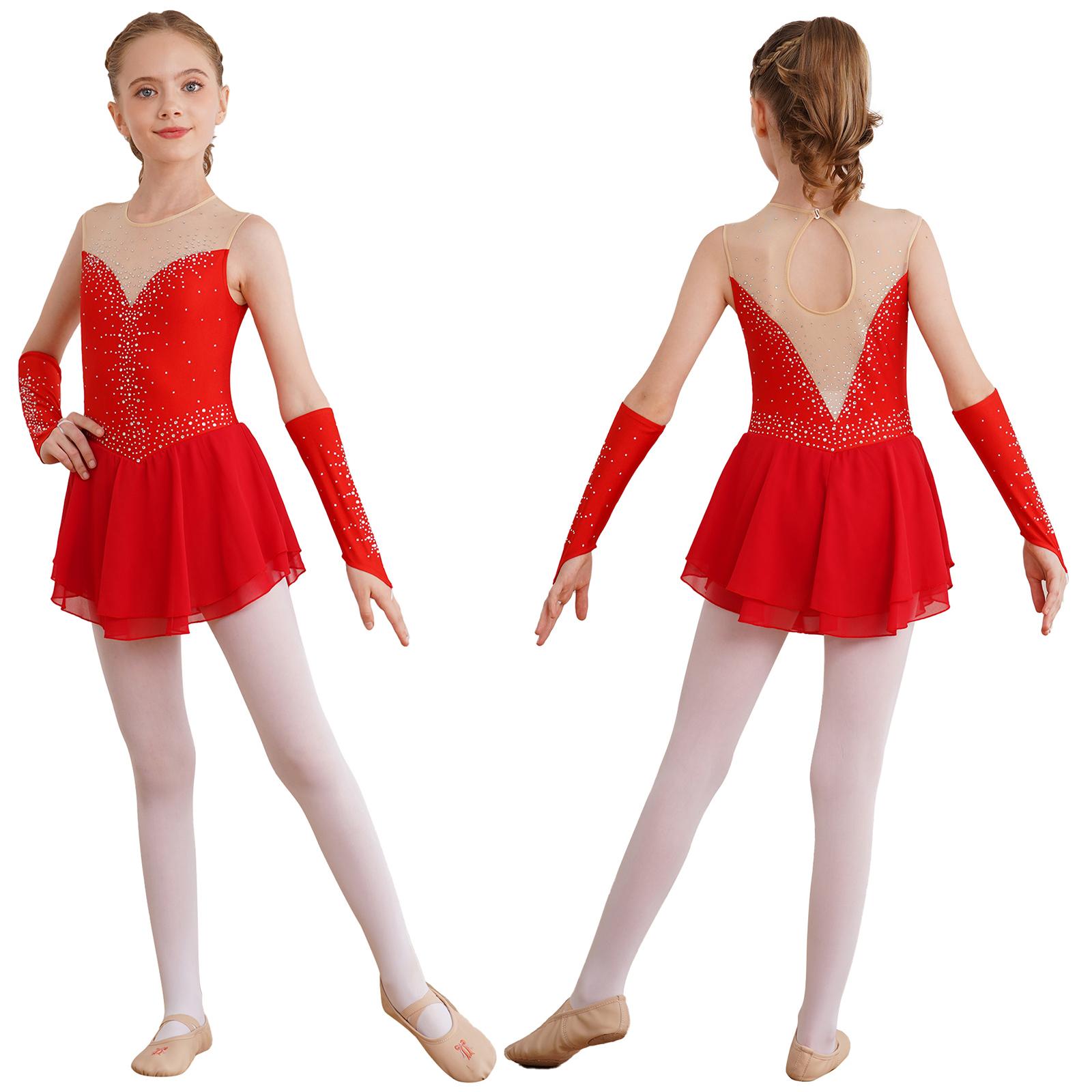 Mädchen Eiskunstlaufkleid Ballett Tanz Wettbewerb Gymnastik Strass Trikot Kleider mit Handschuhen 5-6 Years rot von Joom DACH