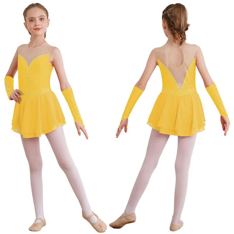 Mädchen Eiskunstlaufkleid Ballett Tanz Wettbewerb Gymnastik Strass Trikot Kleider mit Handschuhen 7-8 Years gelb von Joom DACH
