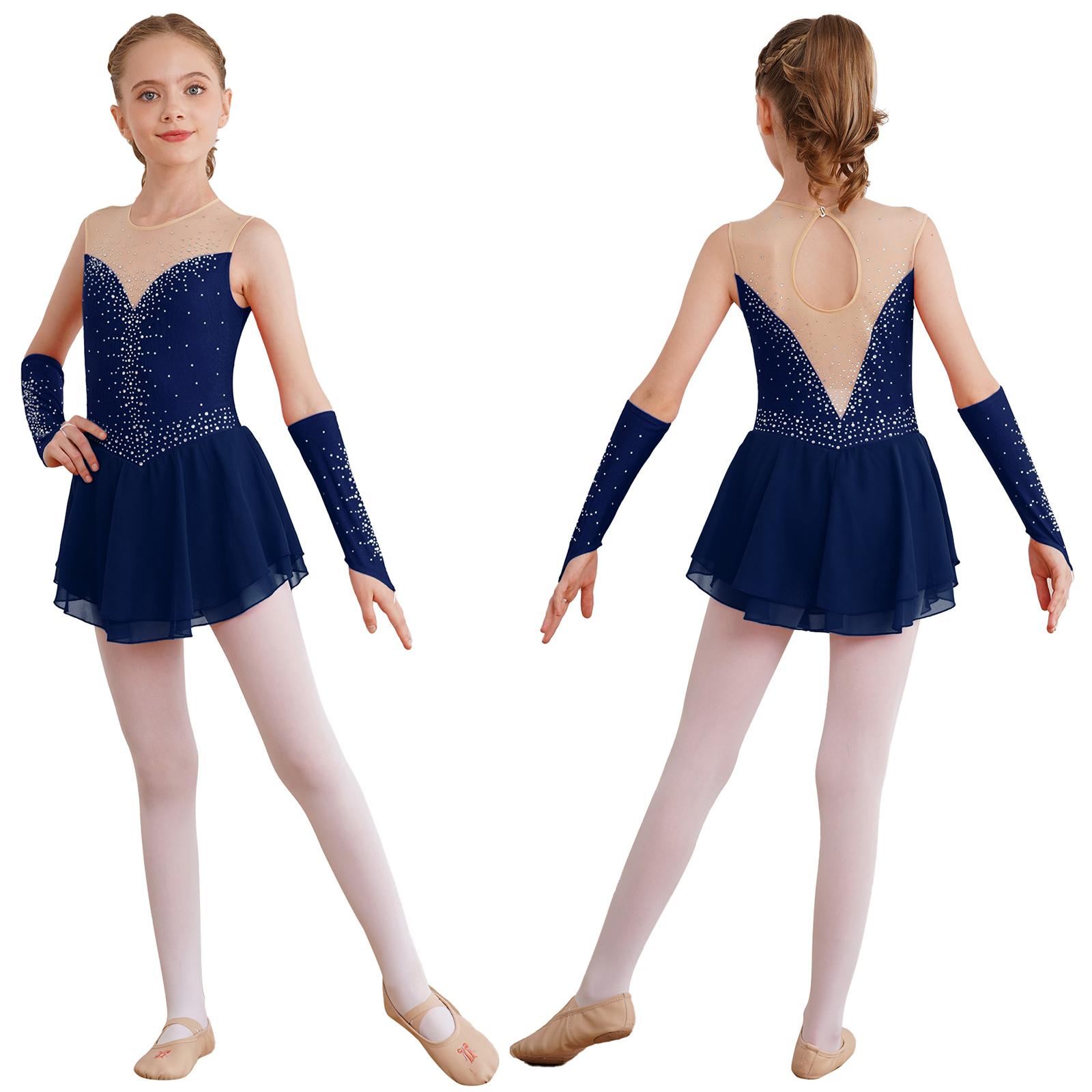 Mädchen Eiskunstlaufkleid Ballett Tanz Wettbewerb Gymnastik Strass Trikot Kleider mit Handschuhen 7-8 Years navy blau von Joom DACH