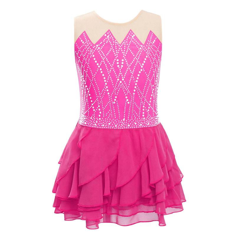 Mädchen Eiskunstlaufkleid Rundhals Ärmellos Glänzende Strasssteine Stufenrock mit Rüschen Tanzkostüm für Wettbewerb 5-6 Years heißes rosa von Joom DACH