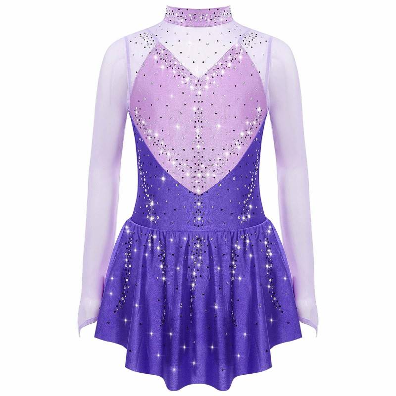 Mädchen Eiskunstlaufkleid Stehkragen Langarm Colorblock Transparenter Mesh Patchwork Glänzende Strasssteine Kostüm 5-6 Years violett von Joom DACH