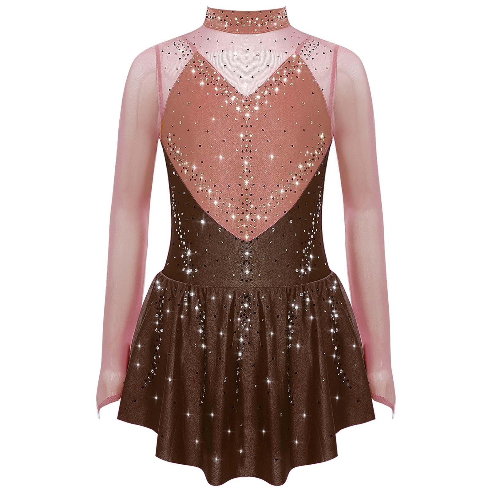 Mädchen Eiskunstlaufkleid Stehkragen Langarm mit Colorblock Transparentem Netz Glänzende Strasssteine Kostüm 13-14 Years braun von Joom DACH